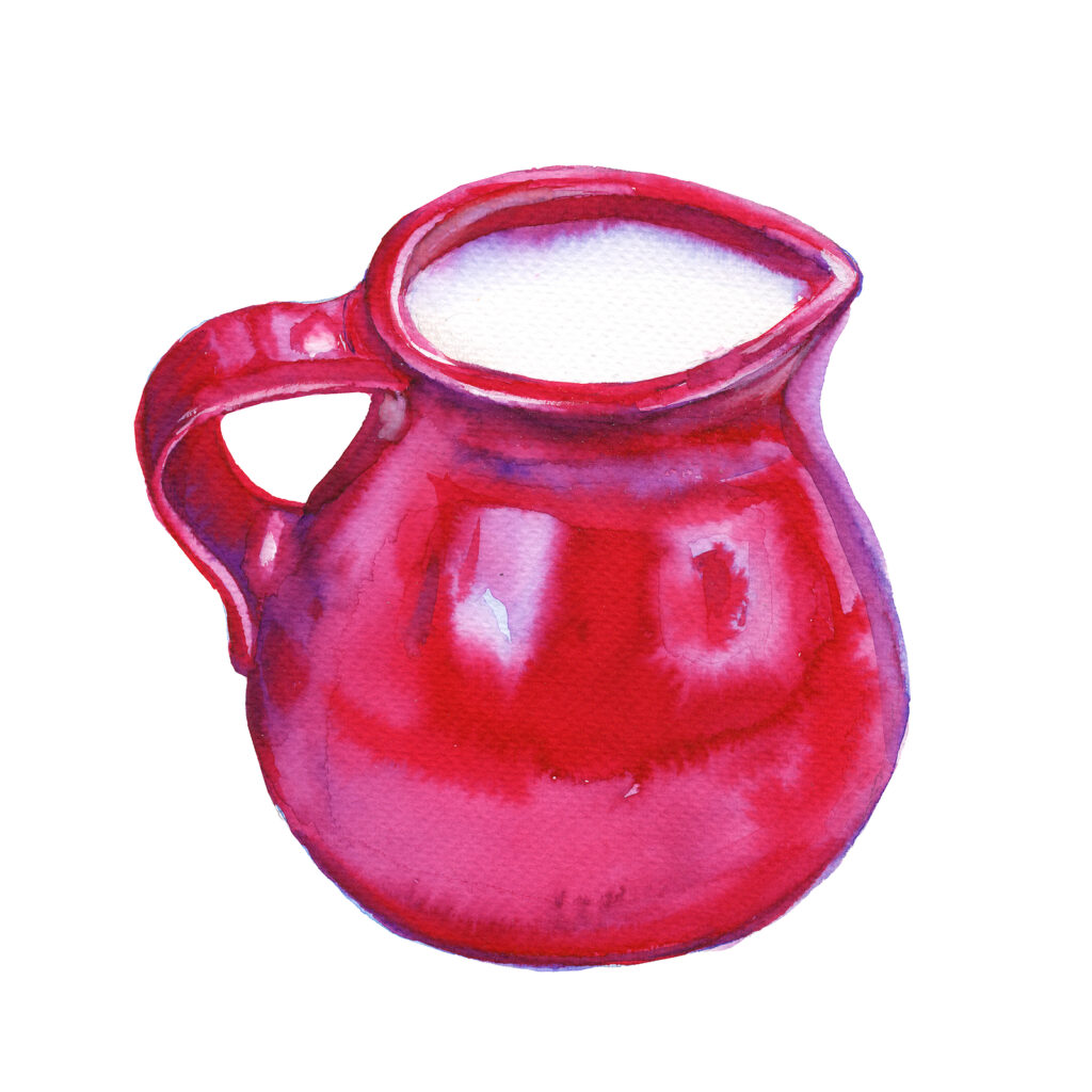 Red jug with milk. Watercolor illustration. Isolated on a white background.